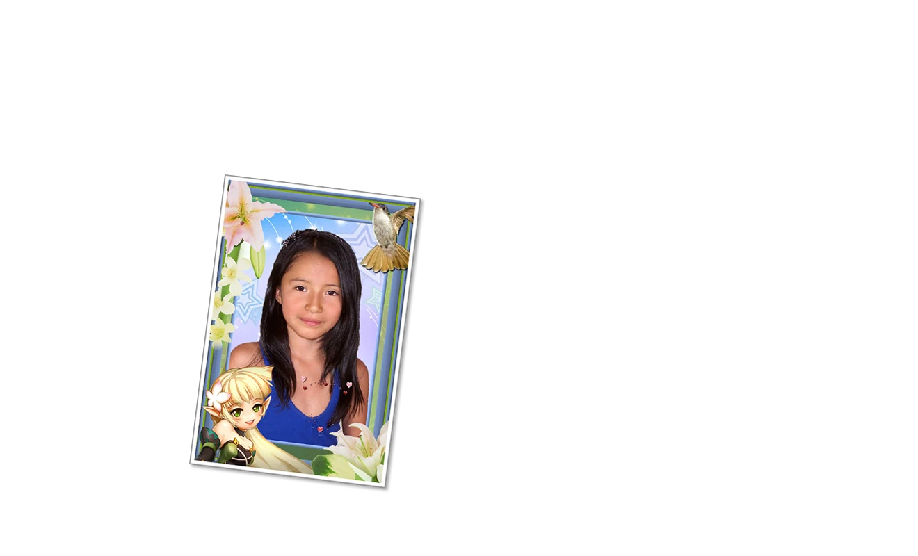 Una foto tamaño jumbo, mostrando una niña con un fondo celeste y un marco decorativo de princesas